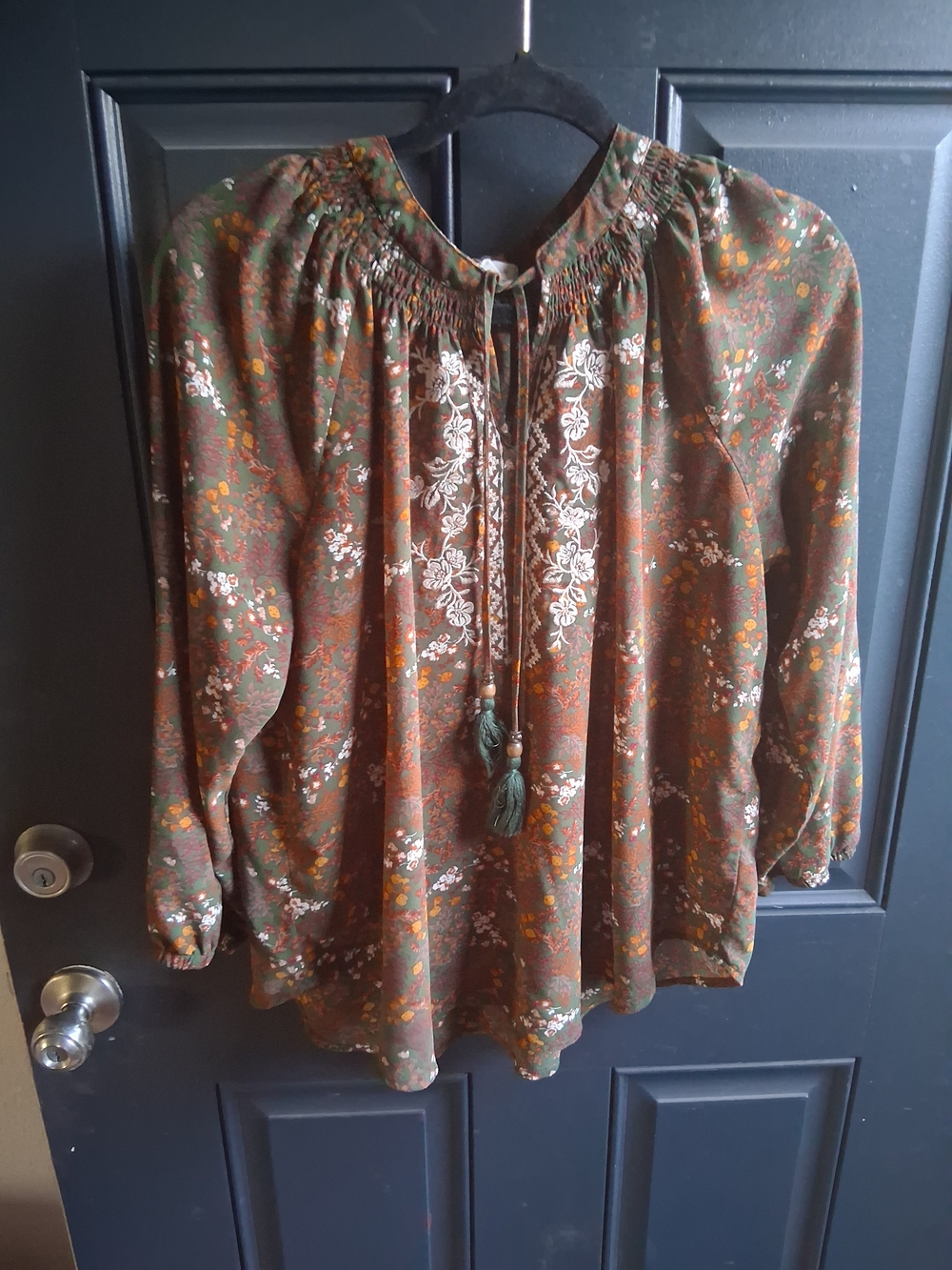 Floral Embroidered Peasant Blouse in Olive Brown